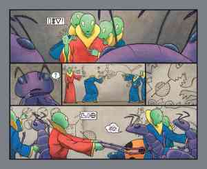 Aliens plan their escape from the determined cat in "Mr. Wuffles" by David Wiesner